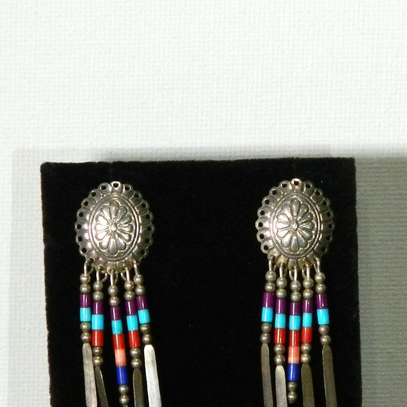 Navajo Pierced Earrings Necklace Set Sterling Silver Turquoise Vintage - Picture 9 of 14